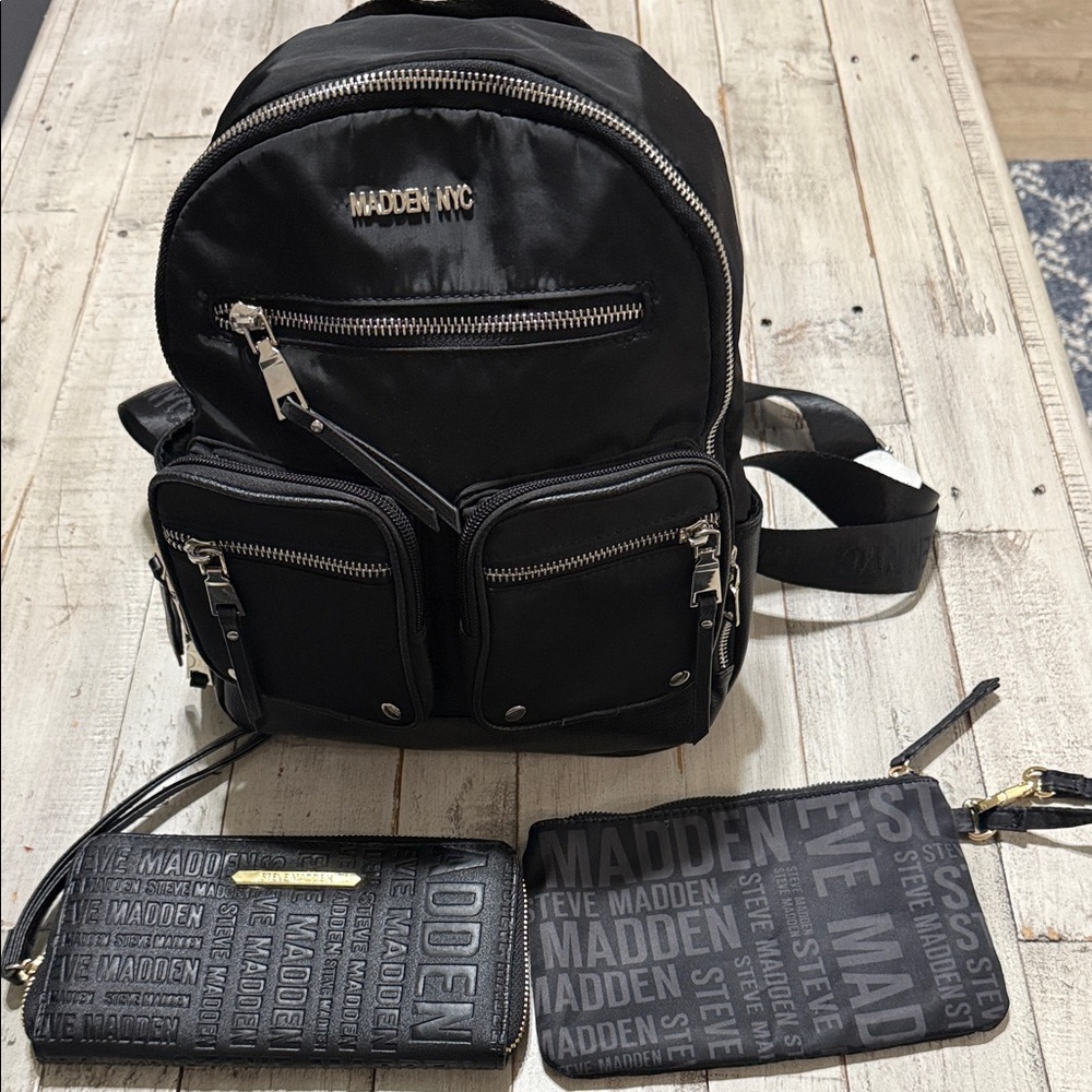 Steve Madden Black Nylon Backpack with Matching Logo Wallets